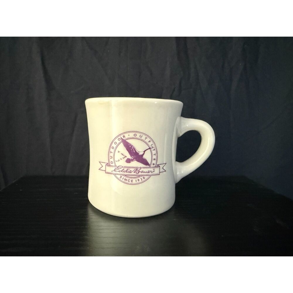 Vintage Eddie Bauer Outdoor Outfitter Heavy Ceramic Diner Mug - Cream and Purple
